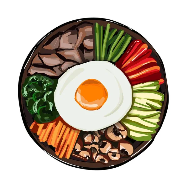 韓国料理 白を背景にミックスライスビビンバ レストランメニューのイラスト トップビュー ベクトルイラスト — ストックベクタ