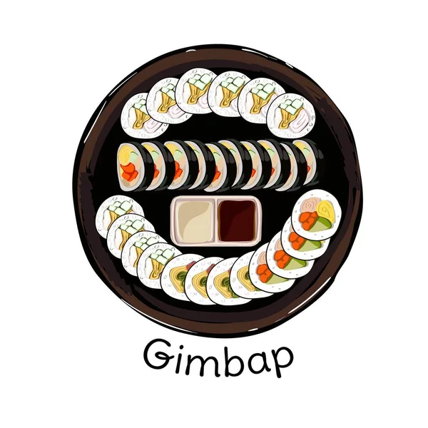 韩国泡菜 白色背景下孤立的Kimbap或Gimbal 真正的亚洲食物 韩国街头食物 一片米片 顶部视图 矢量说明 — 图库矢量图片