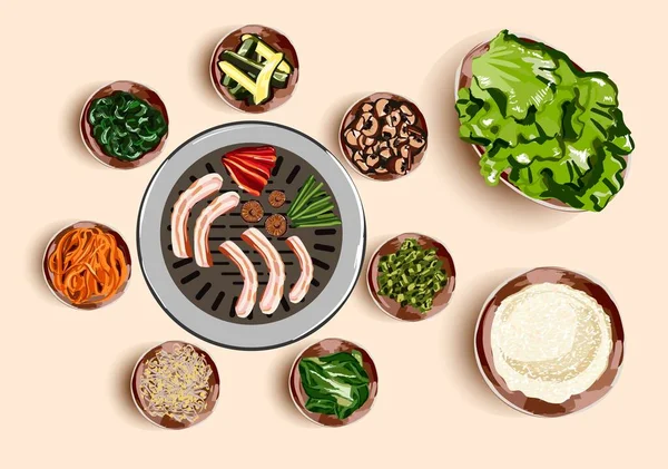 Cuisine Traditionnelle Coréenne Barbecue Coréen Grillades Bœuf Barbecue Snacks Grillés — Image vectorielle