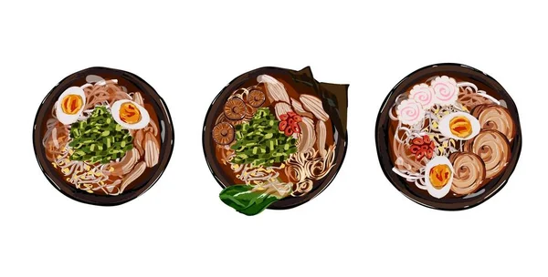 Japanese Ramen Soup Set Illustration Restaurant Menu Top View Vector — Stock Vector