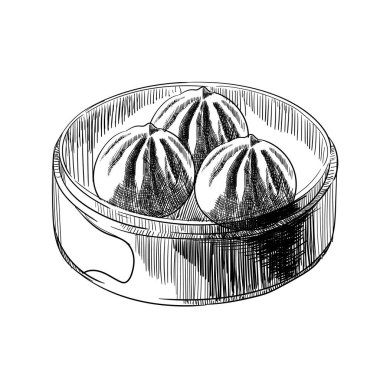 Baozi Mantou Momo Khinkali. Bambu buharlı Asya yemekleri. Çin yemeği, buharda pişmiş hamur köftesi ve çörekli bir ikon. Siyah beyaz grafikler.