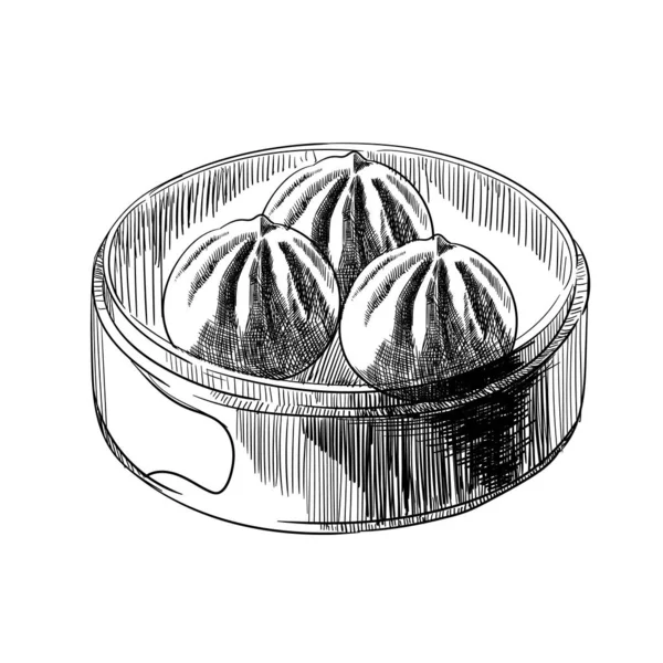 Baozi Mantou Momo Khinkali. Bambu buharlı Asya yemekleri. Çin yemeği, buharda pişmiş hamur köftesi ve çörekli bir ikon. Siyah beyaz grafikler.