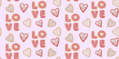 Sevgililer Günü için kalp şeklinde kurabiyeler. Ambalaj kağıdı, kartpostallar, tekstil, duvar kağıtları, kumaşlar vs. için desen. Çizgi film biçimi, vektör illüstrasyonu.