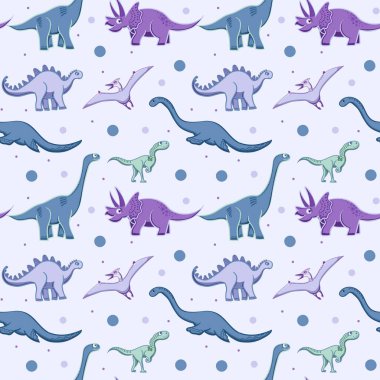 Dino geçmişi. Dinozorlarda kusursuz desen, bebek deseni. Tekstil, ambalaj kağıdı, kartpostallar, kapaklar, kağıt andetc. Çizgi film biçimi vektörü.