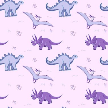 Dino geçmişi. Dinozorlarda kusursuz desen, bebek deseni. Tekstil, ambalaj kağıdı, kartpostallar, kapaklar, kağıt andetc. Çizgi film biçimi vektörü.