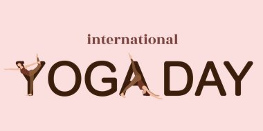 Uluslararası yoga günü 21 Haziran Mutlu bayrak ya da bir kadınla poster. Düz biçim