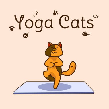 Uluslararası yoga günü, kedi yogası. Yoga pozu ve egzersiz. Renkli düz vektör el çizimi çizimi.