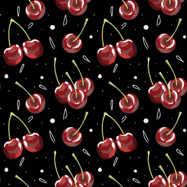 Cherries Seamless Pattern Black Background Berries Background Print Packaging Labels — Stock Vector