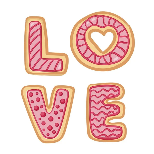 Felirat Szerelem Formájában Cookie Dekoratív Tárgyak Anyák Napja Valentin Nap — Stock Vector