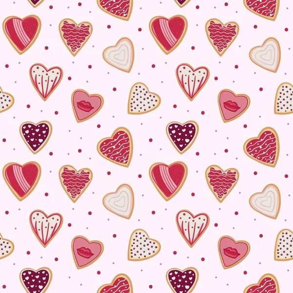 Biscoitos Forma Coração Sem Costura Padrão Para Dia Dos Namorados — Vetor de Stock