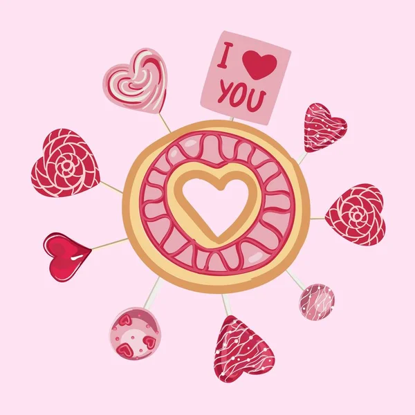 Valentinstag Dekoratives Element Kekse Mit Süßigkeiten Herzform Dekoratives Zum Muttertag — Stockvektor