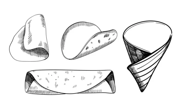 小麦派塔面包组 烹调玉米饼 玉米卷 玉米卷 玉米卷 玉米卷的配料 现实的厌恶 带有草图插图的风格设计 矢量说明 — 图库矢量图片