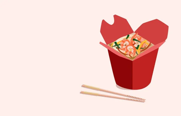 Nouilles Boîte Carton Emporter Avec Des Légumes Des Crevettes Wok — Image vectorielle