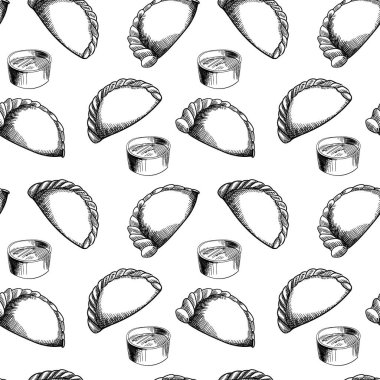 Empanada 'lar kusursuz desen. Kızarmış turta arka plan vektörü. Tipik Latin Amerika ve İspanyol fast food. Siyah beyaz Empanada. Moda, kumaş, tekstil, duvar kağıdı ve kapak tasarımı.