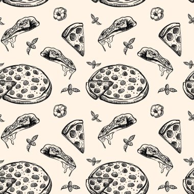 Pizza seamless modeli. Restoran kimliği, paketleme, menü tasarımı ve iç dekorasyon için yararlı.