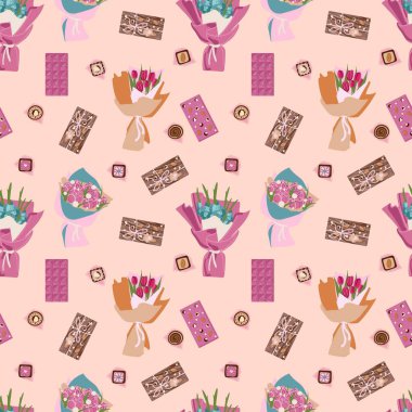 Güzel bir buketle Sevgililer Günü kusursuz desenli. Sevgililer Günü konsepti için. Paketleme kağıdı, menü tasarımı, web siteleri, tekstil, vs. için yazdır.