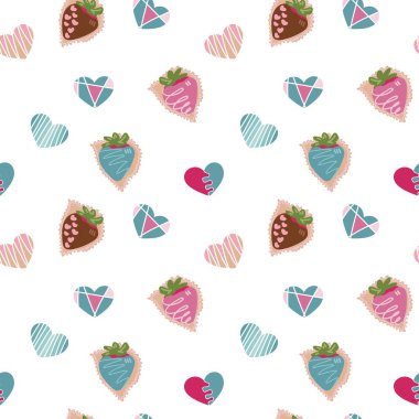 Basit kalpler ve çilekler kusursuz vektör deseni. Sevgililer Günü geçmişi. Düz tasarım sonsuz kaotik doku küçük kalp siluetlerinden yapılmış, kırmızının gölgeleri..