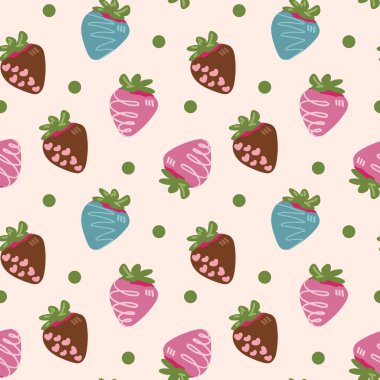 Sevgililer Günü için çikolatada jöleli çilek desenli kusursuz desen ambalaj kağıdı, menü tasarımı, web siteleri, tekstil vb. Beyaz arkaplanda izole edilmiş vektör düz tasarımı.