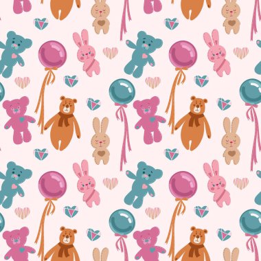 Cute pattern with soft toys and balls. Can be used for the design of fabric print, wrapping paper or romantic greeting cards.