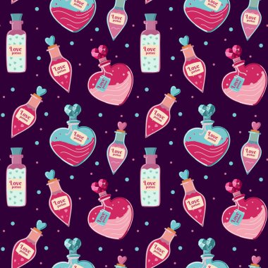Aşk iksiri kusursuz desen. El çizimi sihirli şişeler. Büyücülük sembolleri dokuyu simgeler. Cadılar Bayramı tasarımı. Paket kağıdı, duvar kağıdı, arkaplan ve mevsimlik tekstil için mükemmel.