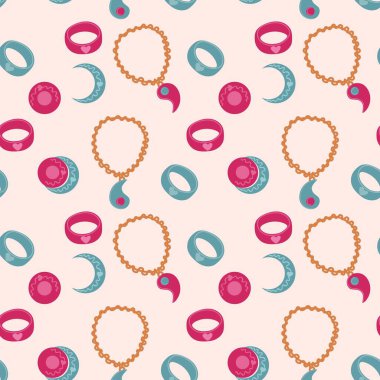 Jewelry seamless pattern, line illustration. Vector flat icons of jewels accessories gold engagement rings, diamond, pearl necklaces, charms, watches. Fashion store repeated background.