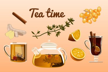 Set tea. Cup, branch, leaf, kettle, flower, sea buckthorn, ginger, and orange. Vector color vintage engraving illustration for labels posters and web