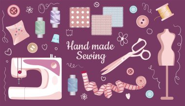 Dikiş aletleri ayarlandı. El yapımı dikiş makinesi, demir, makas, iplik makarası, düğmeler, iğne çubuğundaki iğneler, metre, yüksük, iğne, yırtıcı, fermuar yün yumağı.