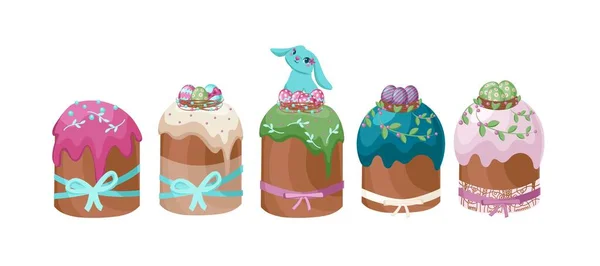Eastern traditional orthodox easter cakes set of sweet dishes decorated with white glaze candied fruits and colorful candies isolated. vector illustration