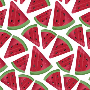 Watermelon vector Seamless pattern. Watermelon, whole, sliced, halves, slices, quarters, seeds, inflorescence, and leaves for fabric, tablecloth kitchen textiles for clothing and wrapping paper