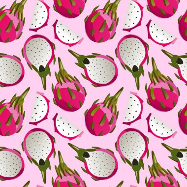 Exotic fruit seamless pattern with dragon fruit on dark background. Hand drawn summer tropic fruit texture. Vector fruit illustration. For textiles, clothing, bed linen, office supplies.