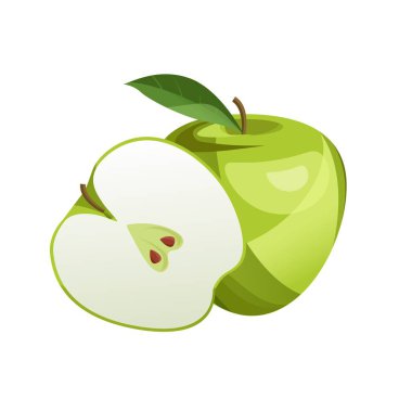 Fresh whole, half of green apple isolated on white background. Vegan food vector icons in a trendy cartoon style, Healthy concept.