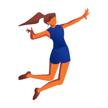 Volleyball player in dynamic movement. A girl in a jump makes an attacking action. Flat style vector design illustrations. Isolated on a white background.