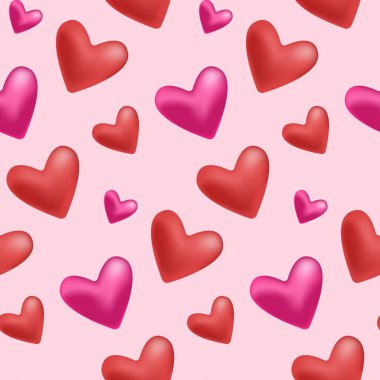 Gerçekçi Yayılmış Pembe 3D Kalp Vektörü Kusursuz Sınır. Beyaz arka planda izole edilmiş çeşitli şekillerde üç boyutlu parlak yuvarlak kalp. Çeşitli Kalpler Sevgililer Günü Şablonunu Seviyor