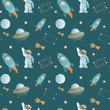 El çizimi uzay elementleri kusursuz desen. Uzay arkaplanı. Uzay karalama çizimi. Vektör çizimi. Çizgi film uzay roketleri, gezegenler, yıldızlar, sloganlar....