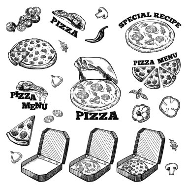 El yapımı eskiz tarzı pizza seti. Farklı pizza türleri. Erimiş peynirli tam ve parçalar. Menü tasarımı ve ambalajı için en iyisi, Vektör illüstrasyonları.