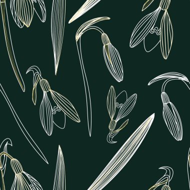 snowdrops flowers and leaves. hand-drawn seamless pattern. for fabric, clothing, background, design, and wrapping paper.