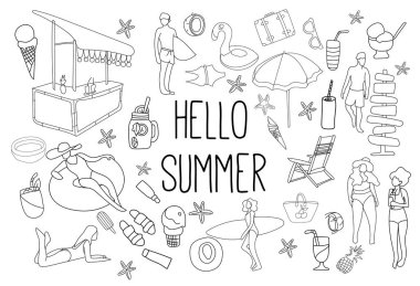 Yaz tatil tatil seyahat komik Doodle vektör ayarlayın. Elle çizilmiş şekil. Tek renkli desen