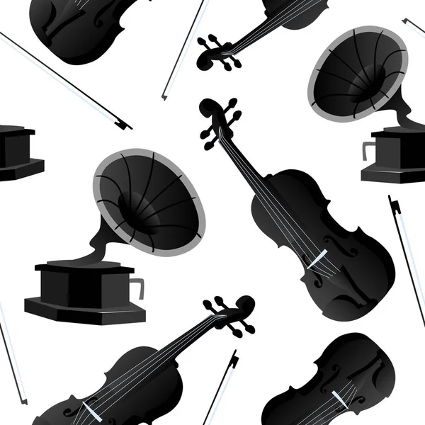 クラシックバイオリンと弓手のフラットスタイルでベクトルイラストを描いた ファブリックや壁紙のための楽器シームレスパターン — ストックベクタ