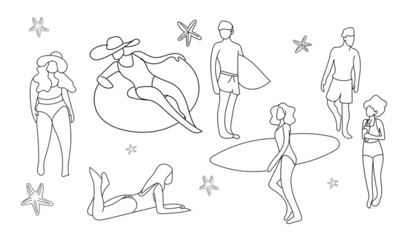ビーチで手描きの人々の夏のコレクション スケッチ落書きスタイルのベクトルイラストレーション — ストックベクタ