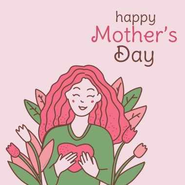 Vector illustration of joyous celebration of Happy Mother s Day, mom holds her heart in her hands clipart