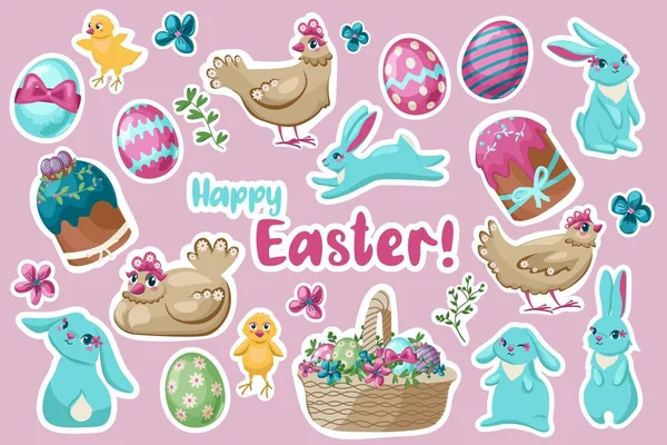 Set Stickers Spring Easter Holiday Isolated Pink Collection Symbols Flowers — Stock Vector