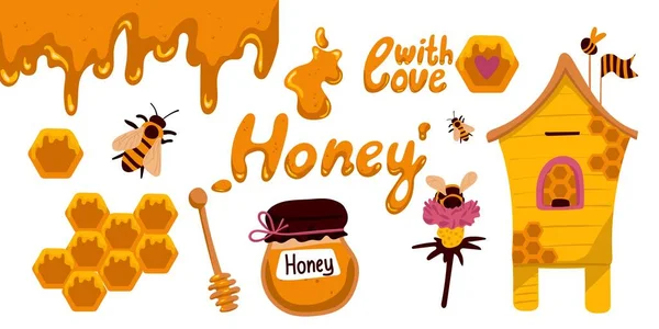 蜂蜜と養蜂のデザイン要素を設定します スプーン ハニカムのコレクション ベクトル図フラット漫画スタイルの孤立オブジェクト — ストックベクタ