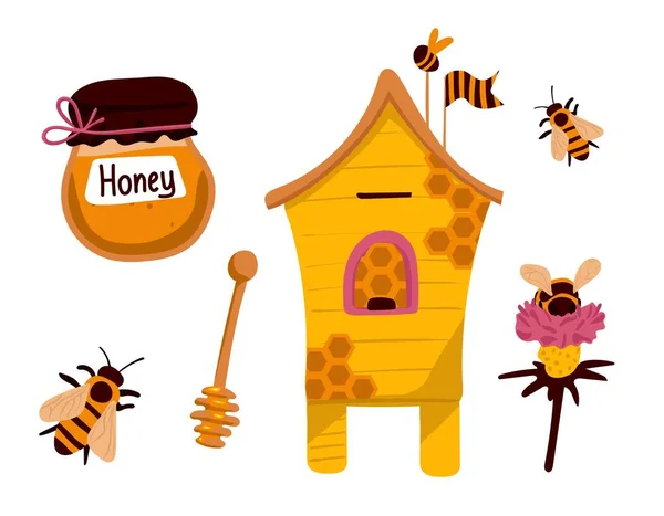 ハニーコレクション 白い背景に孤立したオブジェクトのセットを養蜂 デザイン要素フラット 漫画スタイルの養蚕キット ベクターイラスト クリップアート — ストックベクタ