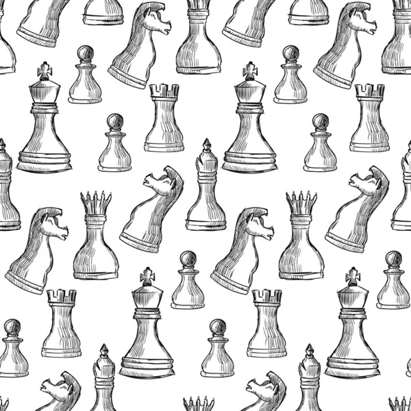 棋子的轮廓 黑人和白人 在白色背景上孤立的矢量象棋 无缝国际象棋背景 — 图库矢量图片