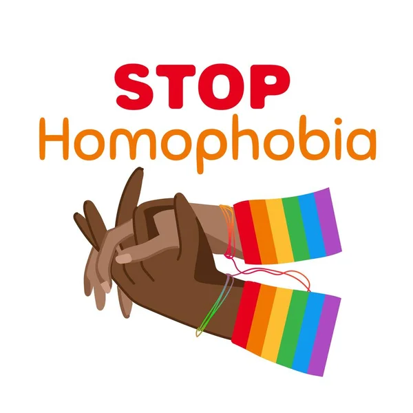 Regenbogen Stoppschild Mit Händen Und Schriftzug Stop Homophobia Anlässlich Des — Stockvektor