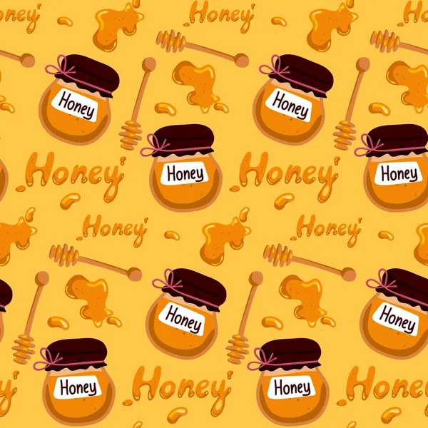 Bee Honey Seamless Pattern Honey Yellow Template Jar Honey Cute — Stock Vector