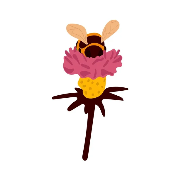 Λουλούδι Χαριτωμένο Μέλισσα Κινουμένων Σχεδίων Και Της Καρδιάς Απομονώνονται Λευκό — Διανυσματικό Αρχείο