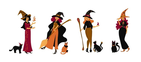 Aranyos Boszorkány Készlet Rajzfilm Lányok Varázsló Tündér Jelmezben Halloween Karakterek — Stock Vector