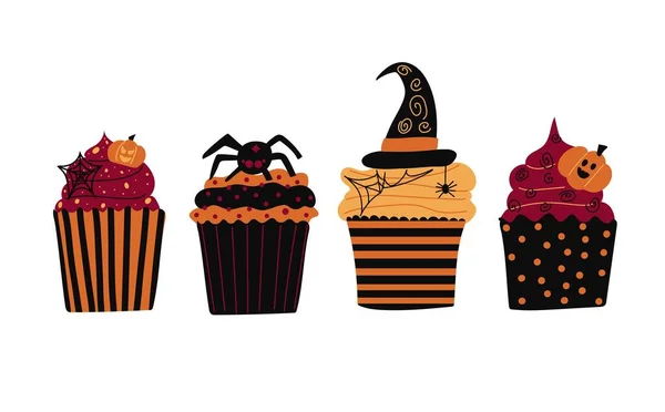 Cupcakes Halloween Muffins Decorados Assustadores Bolos Temáticos Pequenos Para Outubro —  Vetores de Stock