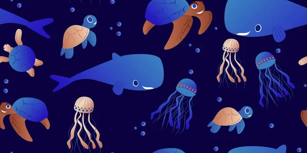 Jellyfish Pattern Seamless Print Cute Turtle Whale Jellyfish Algae Vector — Stock Vector